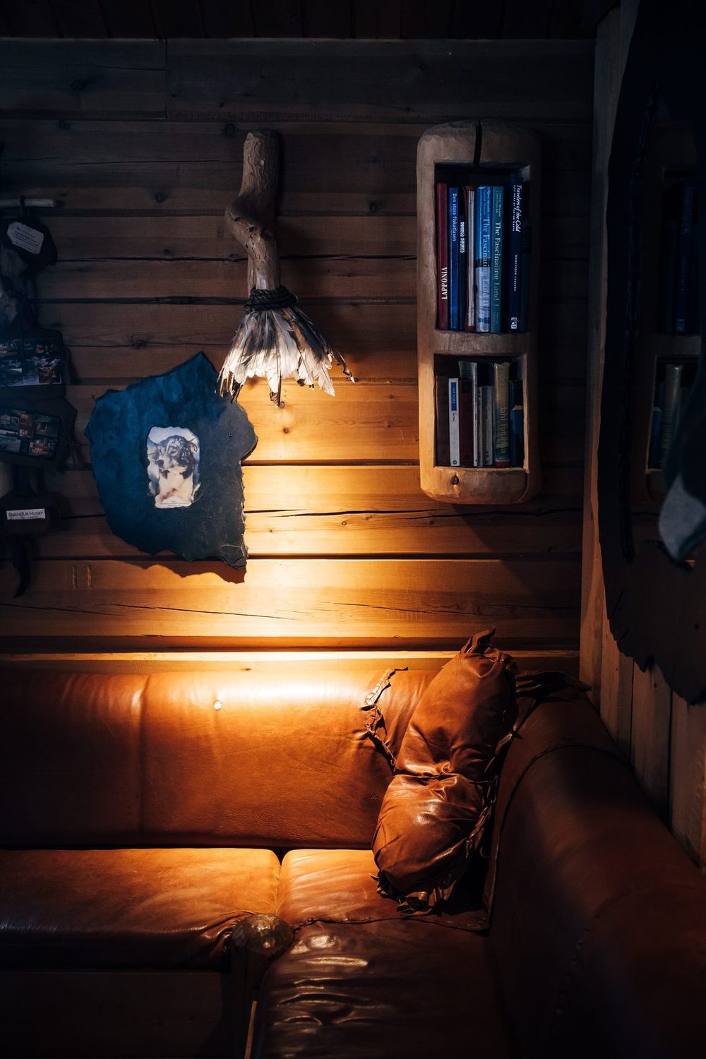 A lit bookshelf over a leather sofa, a pair of old skis on the wall