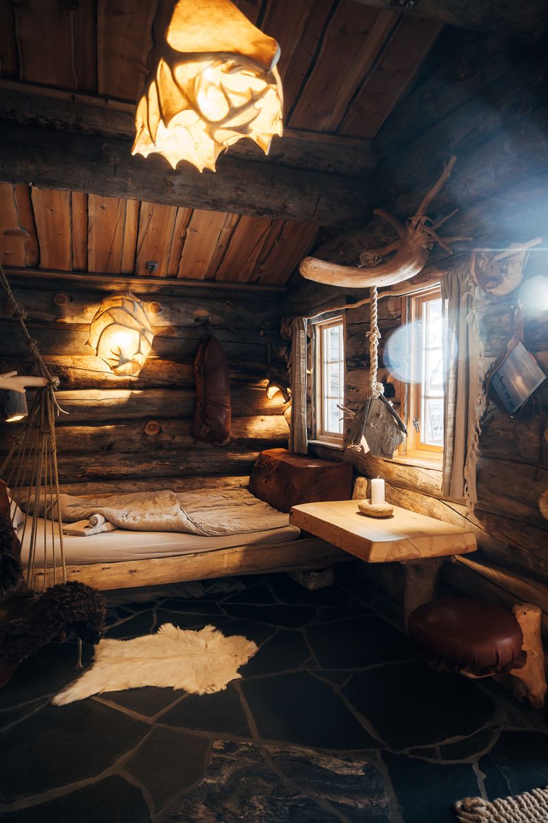 Looking across the room to the window and the snow outside