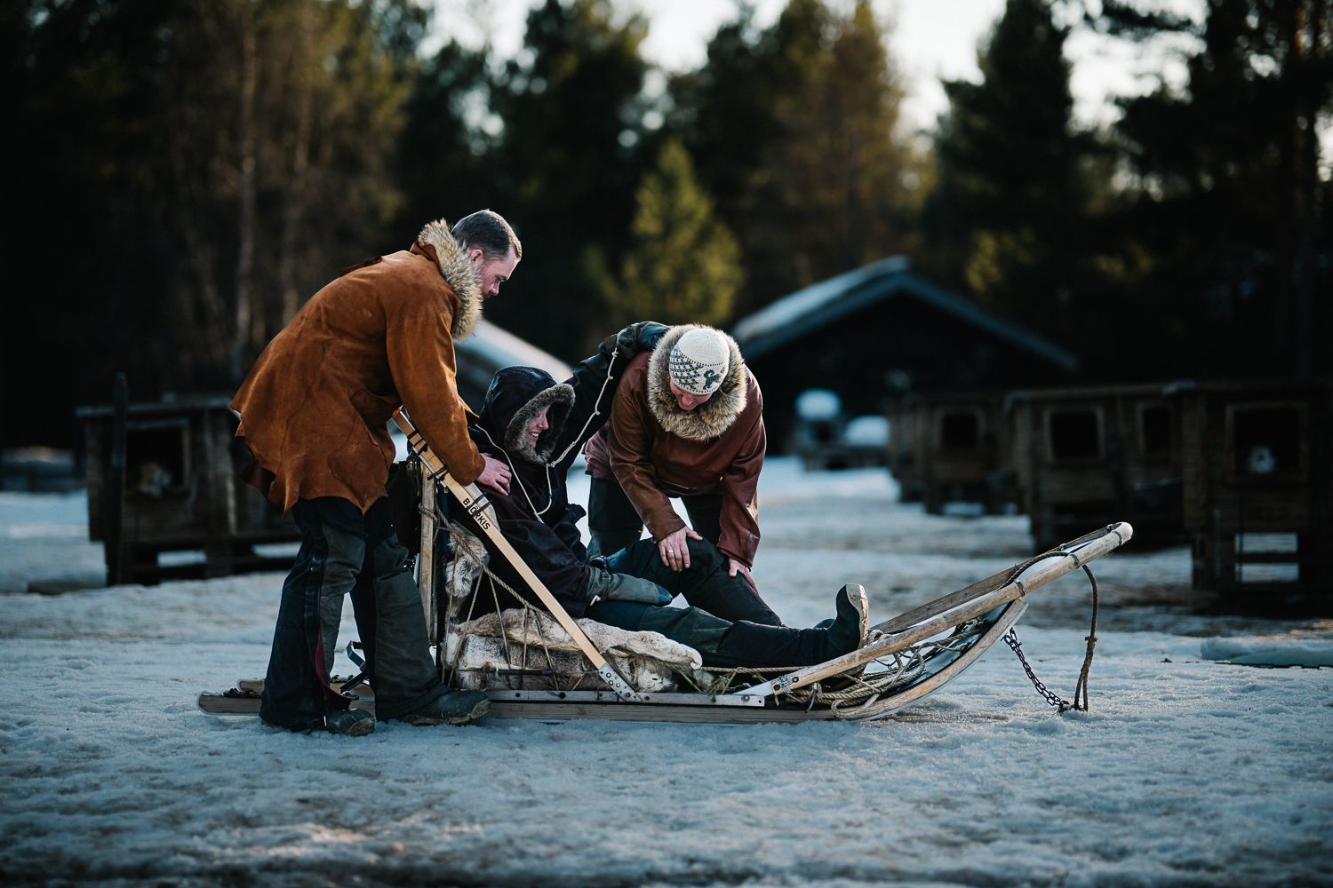 Two guides in leather anoraks helping a guest down onto the reindeer skins in the sled, the dog yard behind
